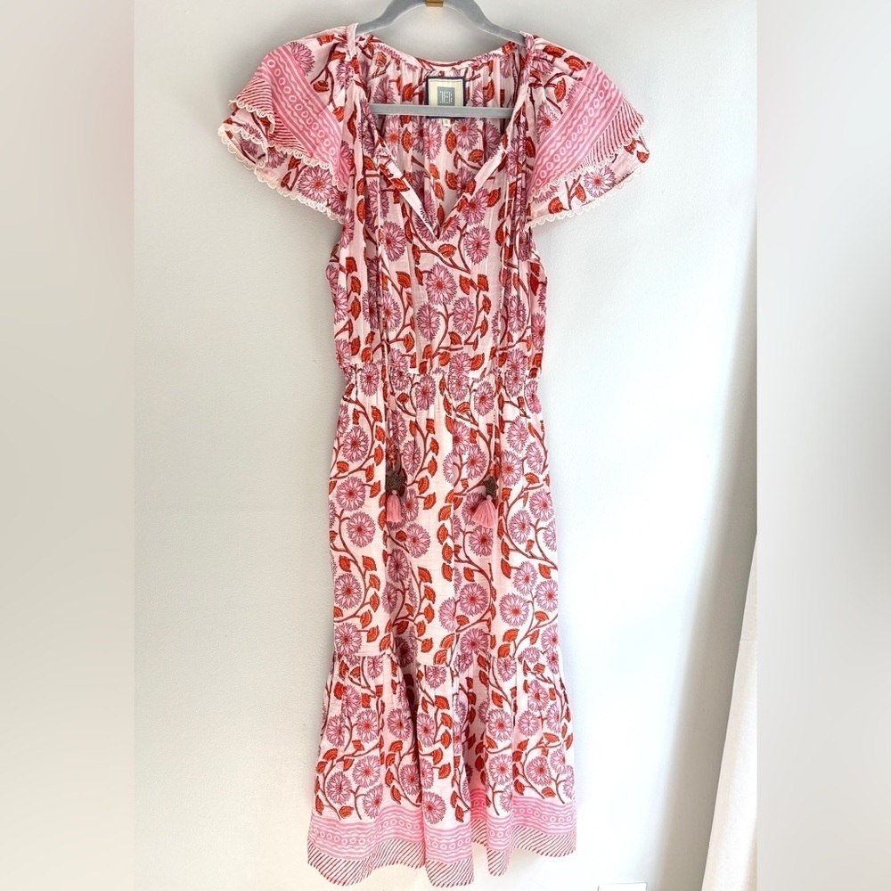 BELL by Alicia Bell Pink Orange Floral Flutter Sleeve Midi Dress, Small